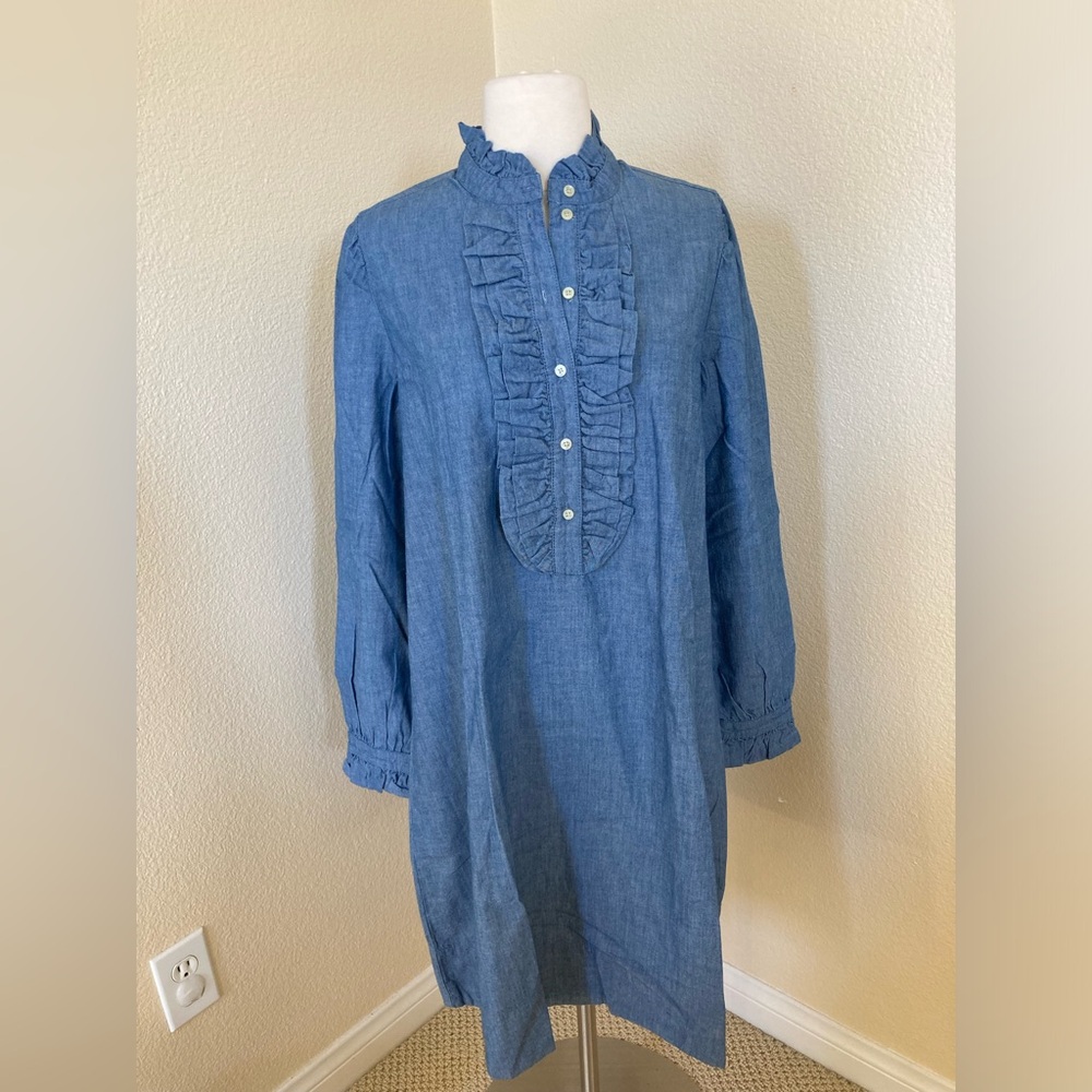 NWT J. Crew Ruffle front chambray dress Size S